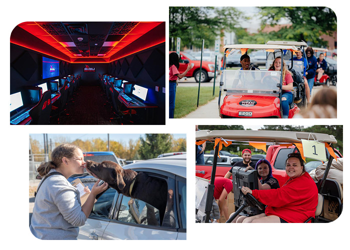 4 photo collage. photo in top left is of the SVSU Esports room, top right is two students laughing while driving a golf card, bottom left is a students petting a dog that is sticking out of a car window and the dog is licking the student's face. Photo on the bottom right is of two students on a golf cart during move in.